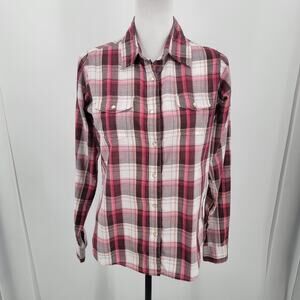 Wrangler Wrancher Shirt Womens Medium Plaid Pearl Snap Pink Brown White